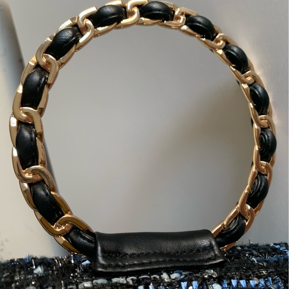 Mini Tweed Blue Black White Fabric Gold Chain Link Shoulder Handbag - Picture 12 of 14